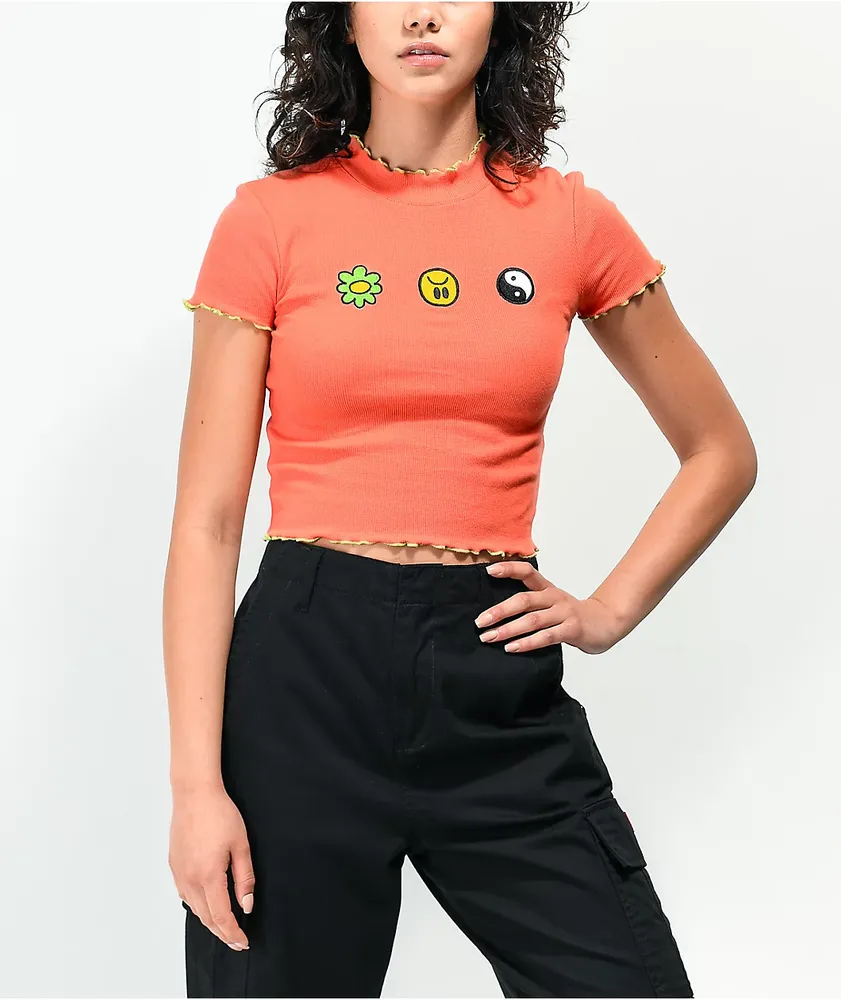 A-Lab Curly Pink Flower Yin Yang Coral Crop T-Shirt