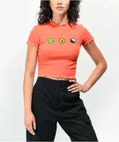 A-Lab Curly Pink Flower Yin Yang Coral Crop T-Shirt