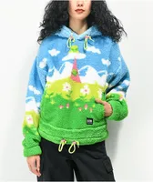 A-Lab Kadley Trippy Landscape Blue & Green Crop Sherpa Hoodie