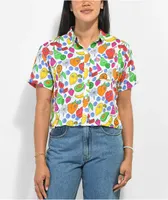 A-Lab Kona Mixed Fruit White Crop Short Sleeve Button Up Shirt