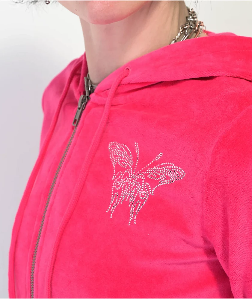 A.LAB Britney Velour Rhinestone Pink Crop Zip Hoodie