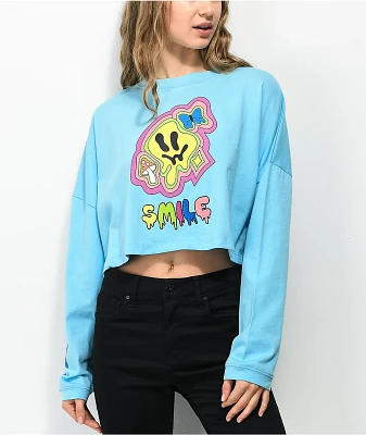 A.LAB Gayle Smile Drippy Blue Long Sleeve Crop T-Shirt
