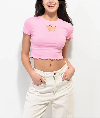 A.LAB Katrina Butterfly Cutout Pink Crop T-Shirt