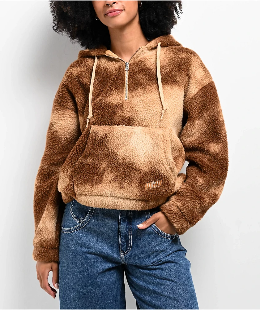 A.LAB Kendra Teddy Brown Tie Dye Sherpa Quarter Zip Hoodie