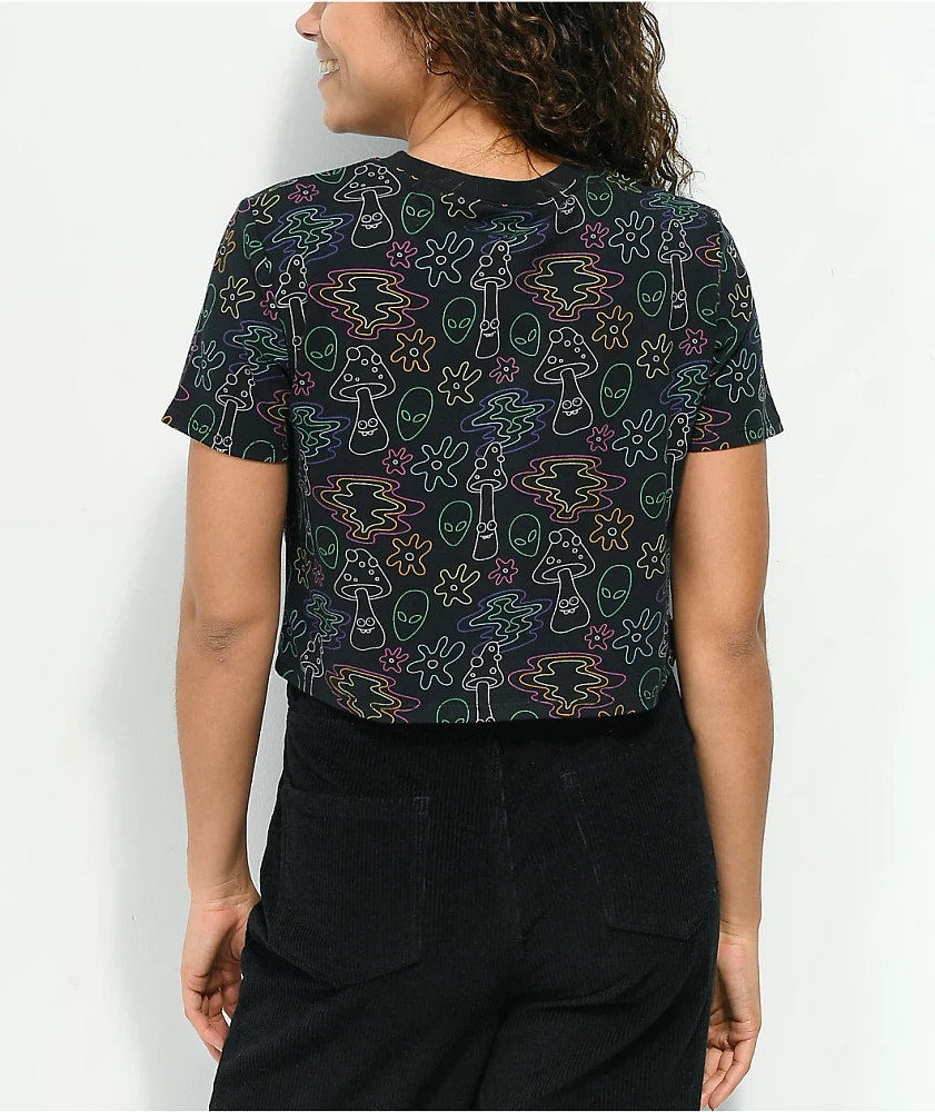 A.LAB Quinnie Mushroom All Over Print Black Crop T-Shirt