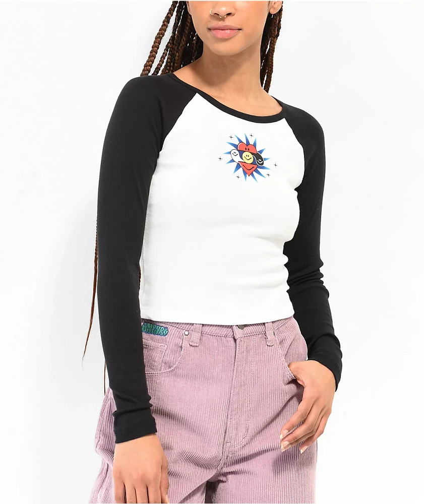 A.LAB Sammie Heart Black & White Long Sleeve Raglan Crop T-Shirt