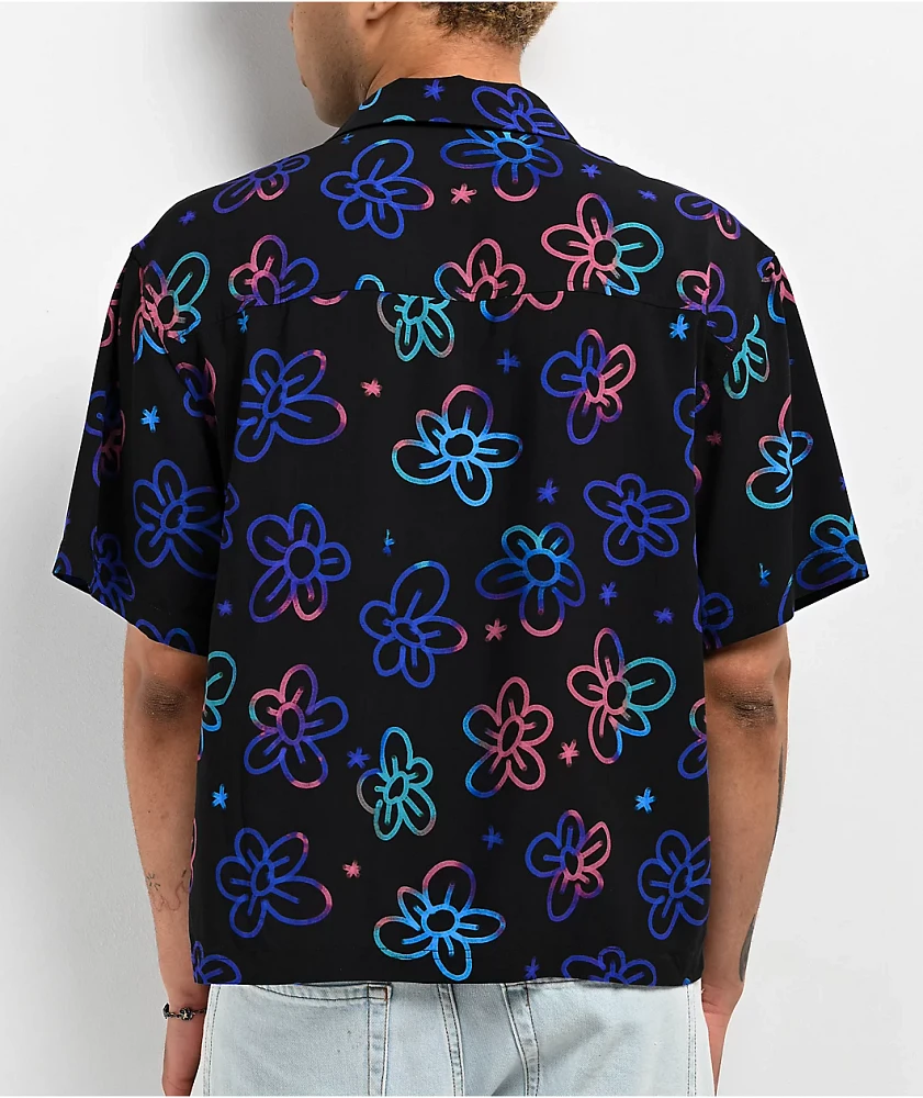 A.LAB Skip Floral Black Short Sleeve Button Up Shirt