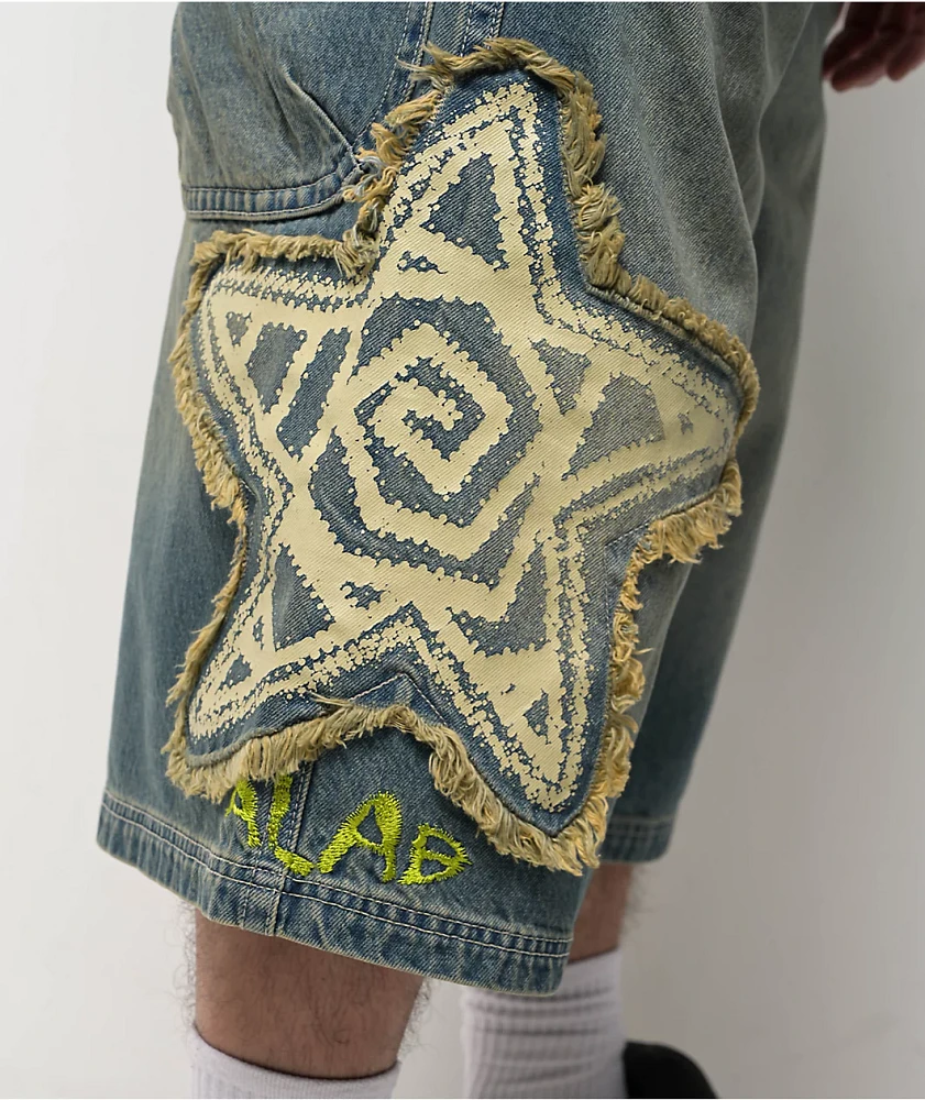 A.LAB Star Blue Wash Mega Rave Shorts