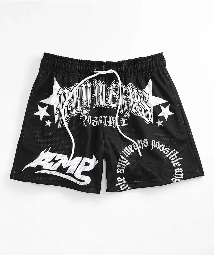 Any Means Possible AMP Star Print Black Mesh Shorts