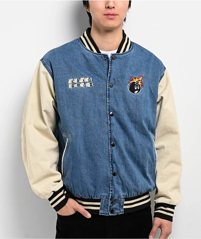 Adam Bomb Not Atom Bomb Blue & Natural Denim Varsity Jacket