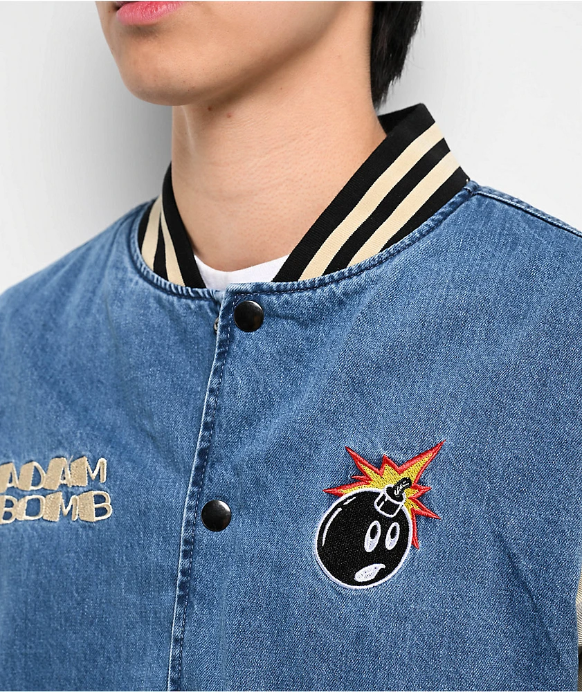 Adam Bomb Not Atom Bomb Blue & Natural Denim Varsity Jacket