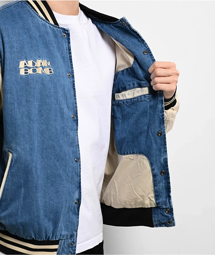 Adam Bomb Not Atom Bomb Blue & Natural Denim Varsity Jacket