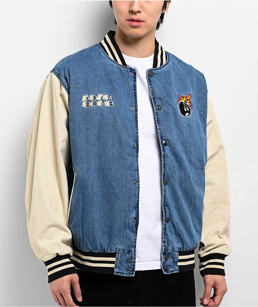 Adam Bomb Not Atom Bomb Blue & Natural Denim Varsity Jacket