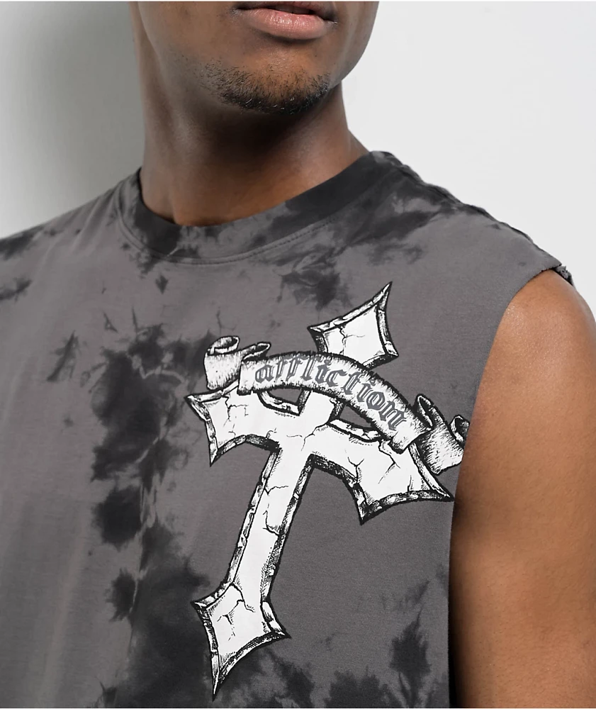 Afflicition Crossed Over Cutoff Black Tie Dye Tank Top