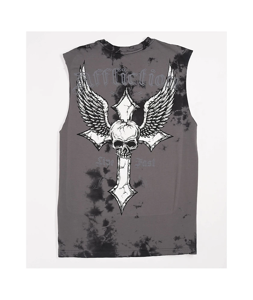 Afflicition Crossed Over Cutoff Black Tie Dye Tank Top