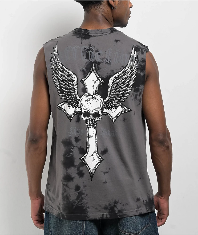 Afflicition Crossed Over Cutoff Black Tie Dye Tank Top