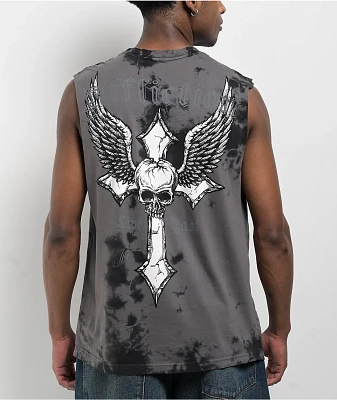 Afflicition Crossed Over Cutoff Black Tie Dye Tank Top