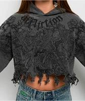 Affliction Angels Distressed Grey Wash Boxy Crop Hoodie