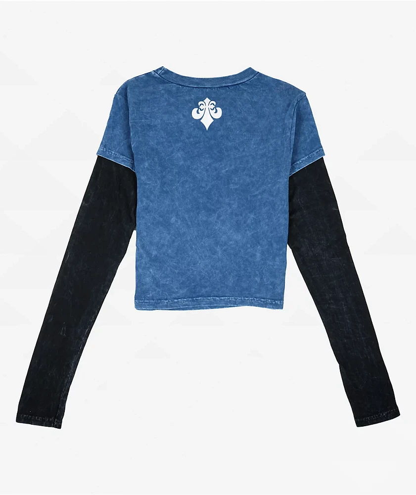 Affliction Ayelsbury Cottage Blue Wash & Black 2fer Long Sleeve Crop T-Shirt