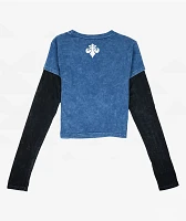 Affliction Ayelsbury Cottage Blue Wash & Black 2fer Long Sleeve Crop T-Shirt