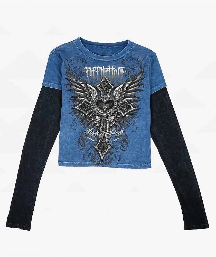 Affliction Ayelsbury Cottage Blue Wash & Black 2fer Long Sleeve Crop T-Shirt
