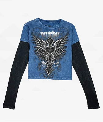 Affliction Ayelsbury Cottage Blue Wash & Black 2fer Long Sleeve Crop T-Shirt
