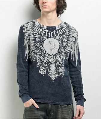 Affliction Crossed Over Dark Navy Wash Thermal Long Sleeve T-Shirt