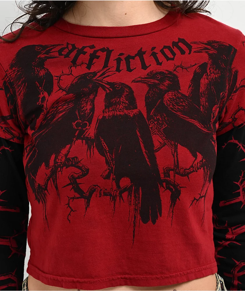 Affliction Crows Red & Black 2fer Long Sleeve Crop T-Shirt