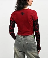 Affliction Crows Red & Black 2fer Long Sleeve Crop T-Shirt