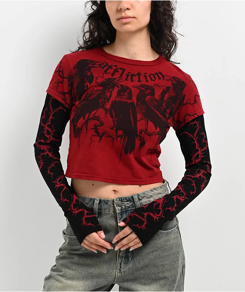 Affliction Crows Red & Black 2fer Long Sleeve Crop T-Shirt