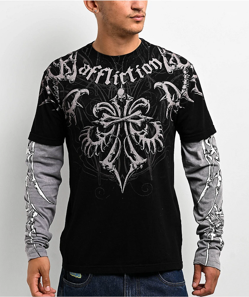 Affliction Skeleton Black Lava & Grey 2fer Long Sleeve T-Shirt