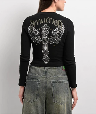 Affliction Venetian Fleet Black Thermal Long Sleeve Crop T-Shirt