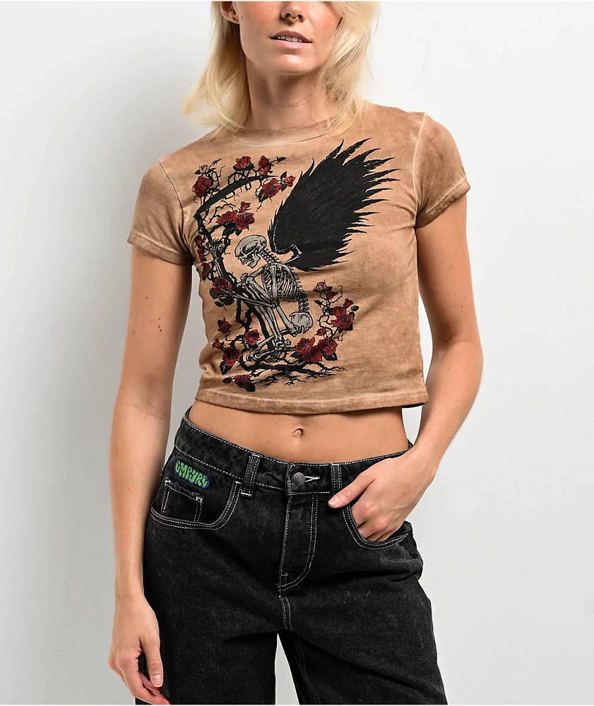 Affliction Winged Reaper Mineral Wash Brown Crop T-Shirt