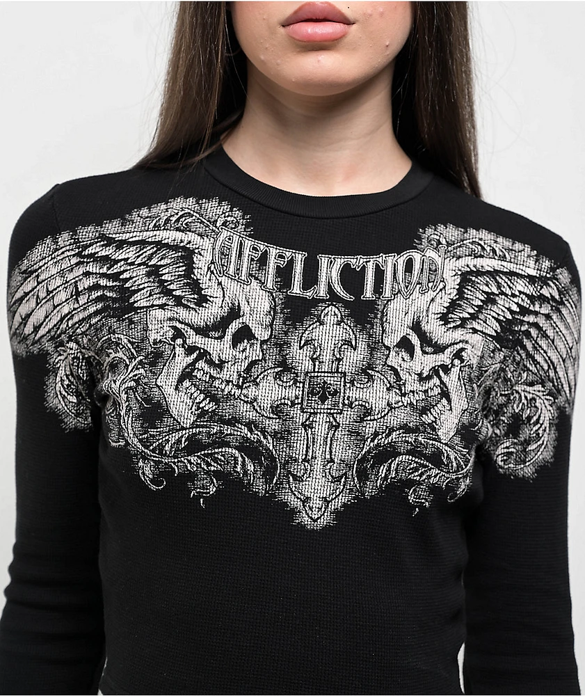 Affliction Winged Up Black Thermal Long Sleeve Crop T-Shirt