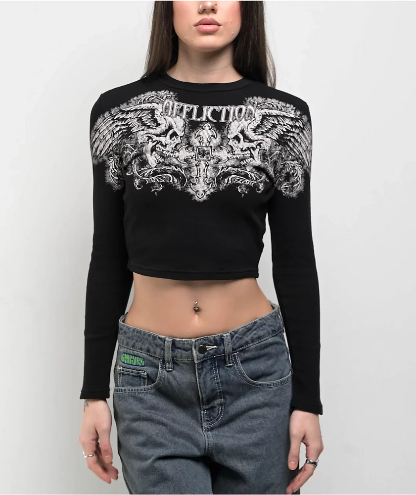 Affliction Winged Up Black Thermal Long Sleeve Crop T-Shirt