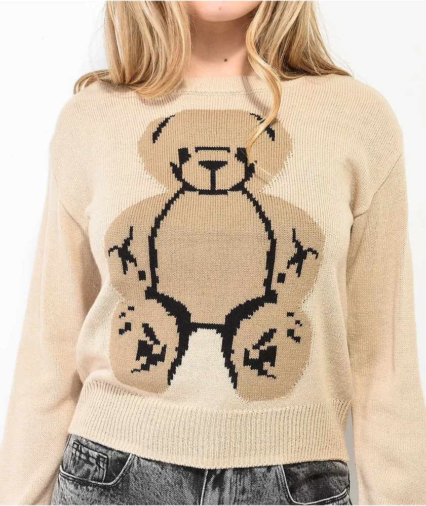 Basic Pleasure Mode Big Ted Fluffy Trim Brown Sweater