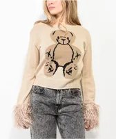 Basic Pleasure Mode Big Ted Fluffy Trim Brown Sweater