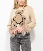 Basic Pleasure Mode Big Ted Fluffy Trim Brown Sweater