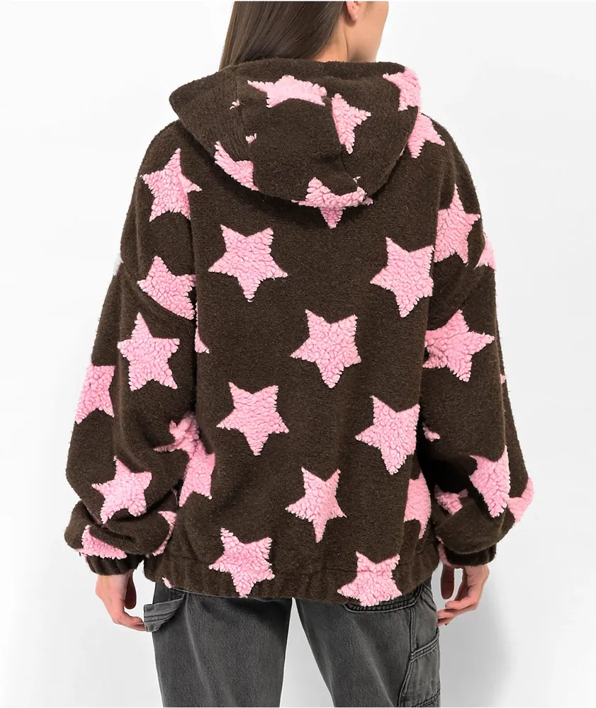 Basic Pleasure Mode Strawberry Star Brown Sherpa Hoodie 