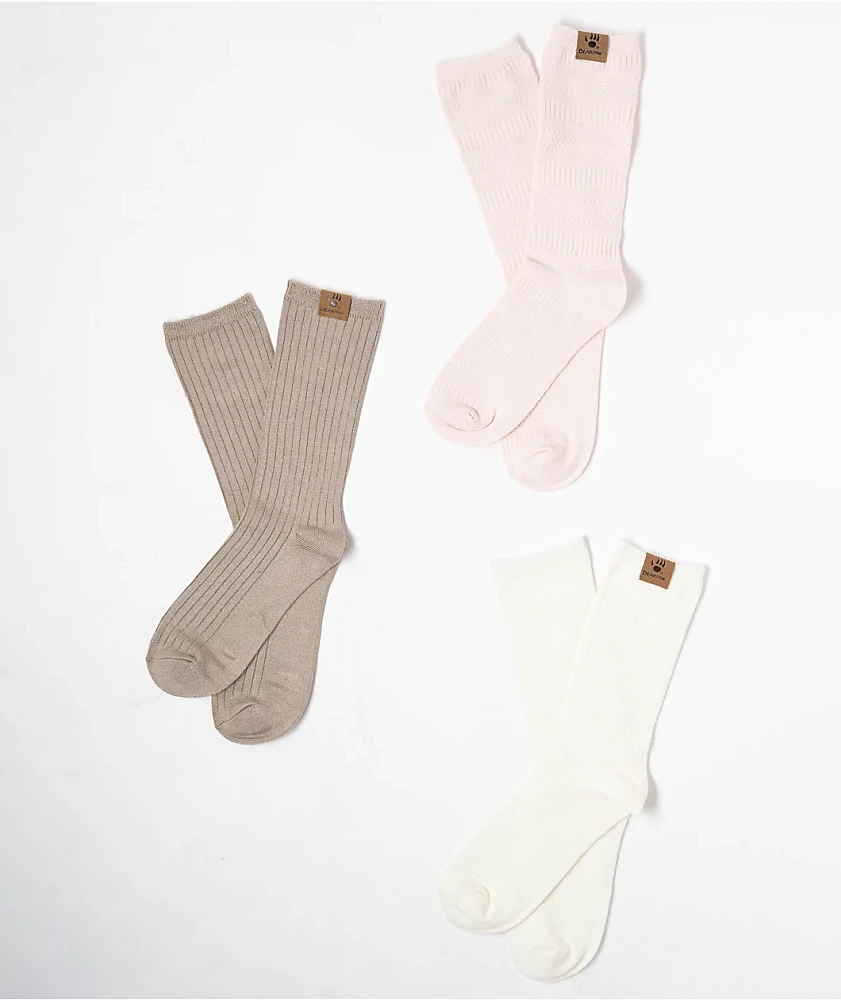 Bearpaw Pink, White, & Brown 3 Pack Midweight Bamboo Crew Socks