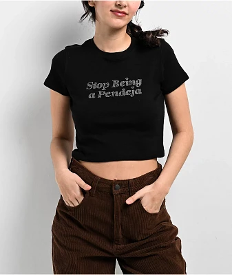 Bella Dona Stop Being A Pendeja Rhinestone Black Crop T-Shirt
