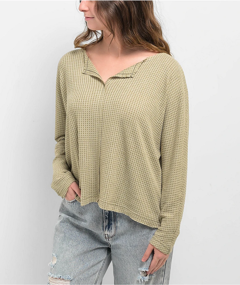 Blu Pepper Waffle Knit Split Neck Beige Long Sleeve T-Shirt