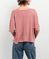 Blu Pepper Waffle Knit Split Neck Pink Long Sleeve T-Shirt