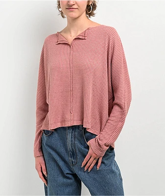 Blu Pepper Waffle Knit Split Neck Pink Long Sleeve T-Shirt