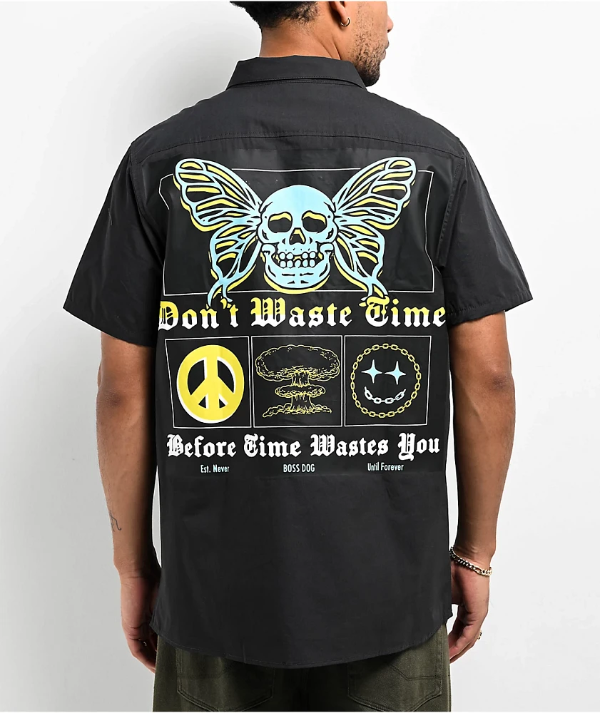 Boss Dog Waste Time Black Button Up Short Sleeve Shirt