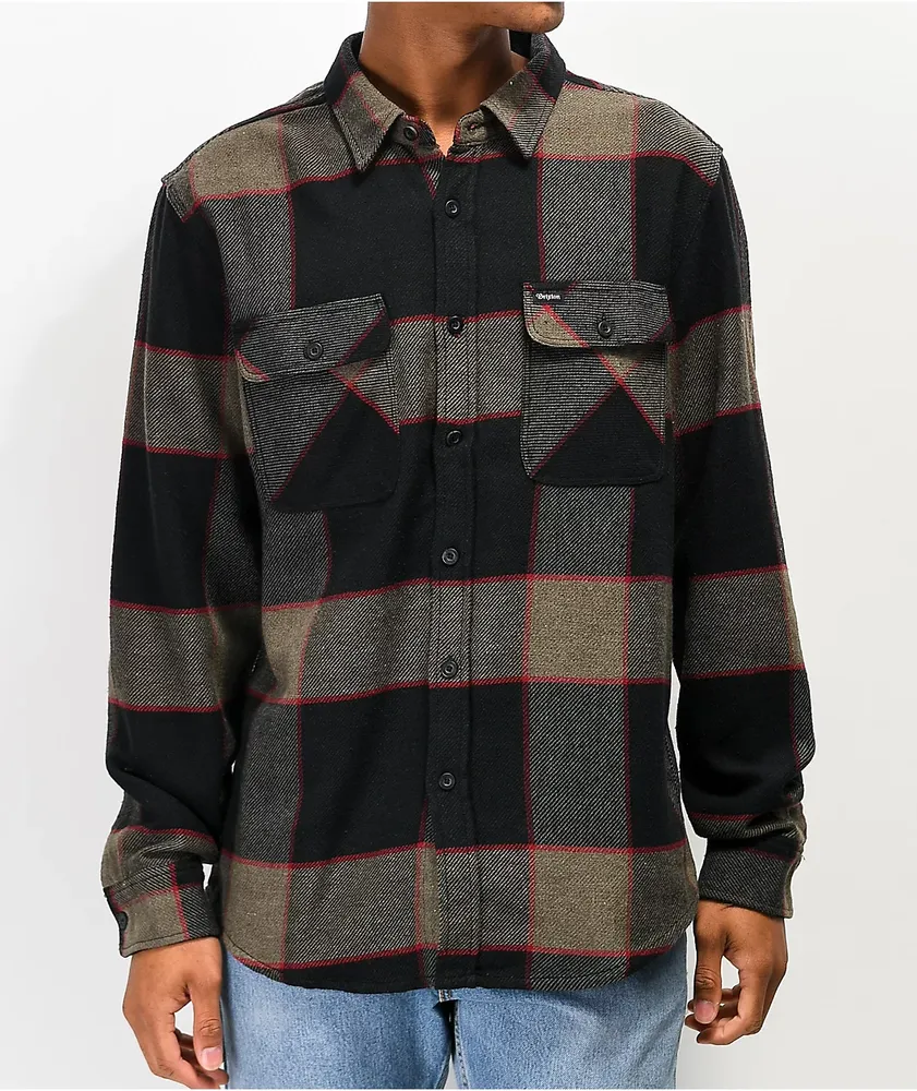 Brixton Bowery Brown, Grey, & Charcoal Plaid Flannel Shirt