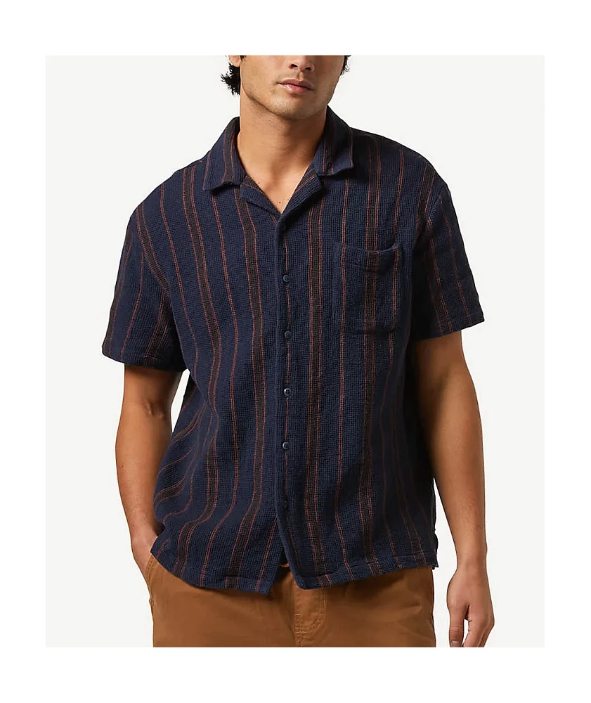 Brixton Bunker Waffle Woven Navy Wash Short Sleeve Button Up Shirt