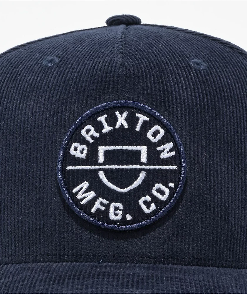 Brixton Crest Navy Netplus Corduroy Snapback Hat