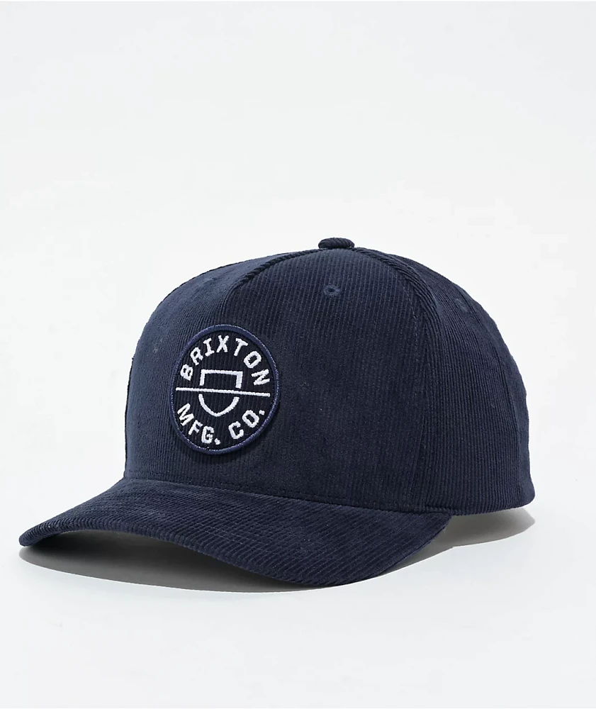 Brixton Crest Navy Netplus Corduroy Snapback Hat