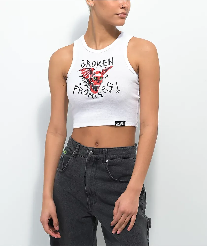 Broken Promises Batwing White Crop Tank Top